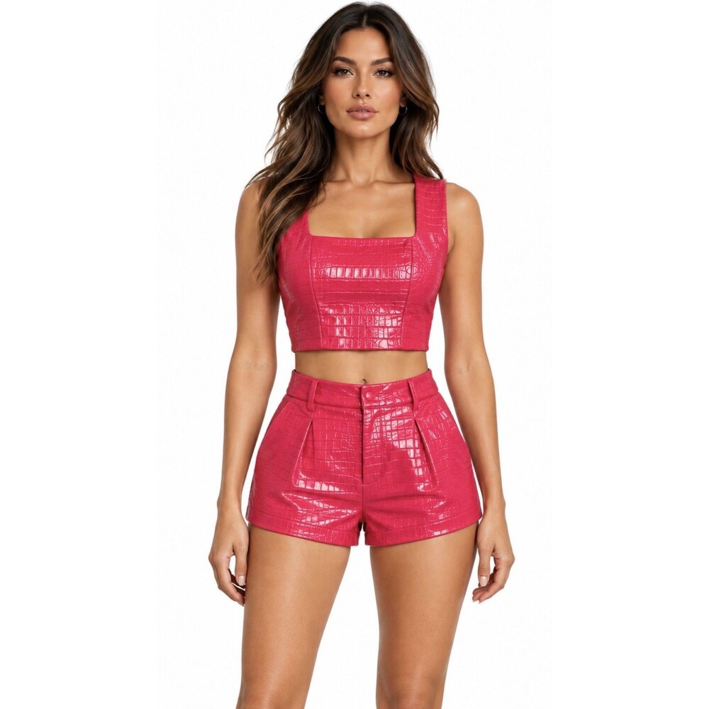 7 For All Mankind Hot Pants Set Med Pink Croc Vegan Leather Barbiecore Crop Top